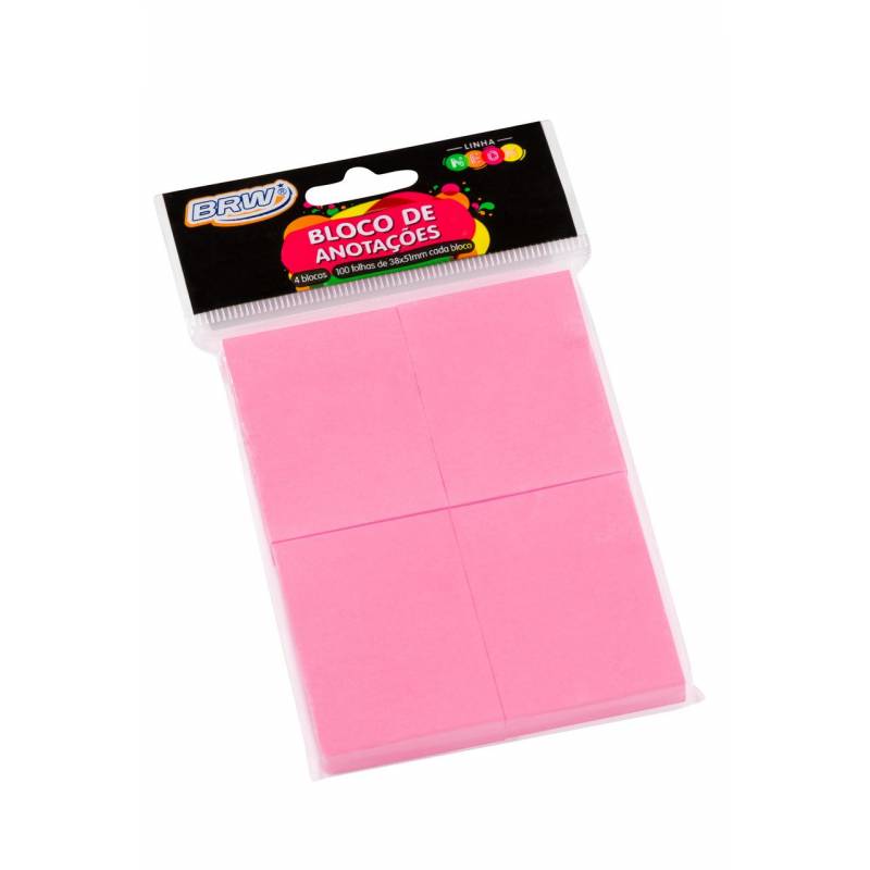 BLOCO ADESIVO 38x51mm c/ 4 BLOCOS ROSA NEON 100Fls - BRW BRW