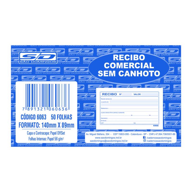 BLOCO RECIBO COMERCIAL SEM CANHOTO C/ 50Fls - SÃO DOMINGOS SÃO DOMINGOS