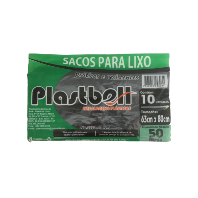 SACO DE LIXO PRETO 63cmx80cmx0,06 50L c/ 10 Unid. - PLASTBELL PLASTBELL