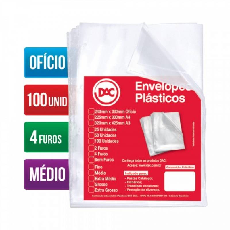 ENVELOPE PLÁSTICO OFÍCIO 240x330mm 4 FUROS MÉDIO C/ 100 Unid. - DAC DAC