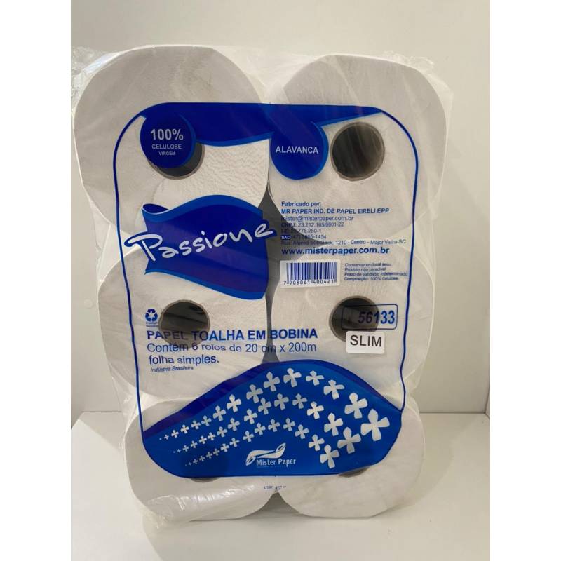 PAPEL TOALHA EM BOBINA ALAVANCA 20cm x 200m c/ 06 Rolos 20gr MISTER PAPER