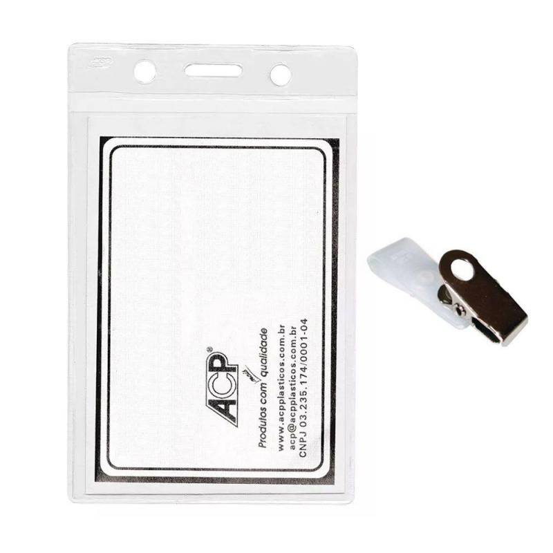 CRACHÁ IDENTIFICADOR VERTICAL C/ CLIPS 100x70mm TRANSPARENTE - ACP ACP