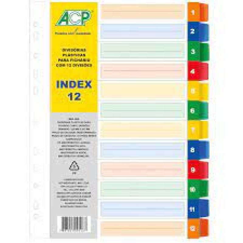 DIVISÓRIA PLÁSTICA P/ FICHÁRIO 225x297mm C/ 12 DIVISÕES COLORIDAS - ACP ACP