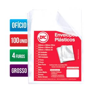 ENVELOPE PLÁSTICO OFÍCIO 240x330mm 4 FUROS GROSSO C/ 100 Unid. - DAC