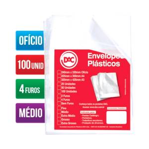 ENVELOPE PLÁSTICO OFÍCIO 240x330mm 4 FUROS MÉDIO C/ 100 Unid. - DAC
