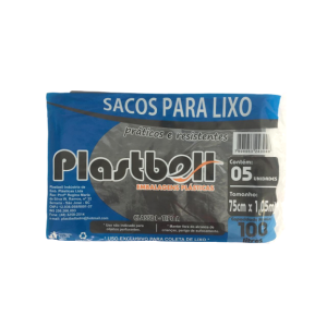 SACO DE LIXO PRETO 75cmx105cmx0,07 100L c/ 5 Unid. - PLASTBELL