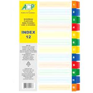 DIVISÓRIA PLÁSTICA P/ FICHÁRIO 225x297mm C/ 12 DIVISÕES COLORIDAS - ACP